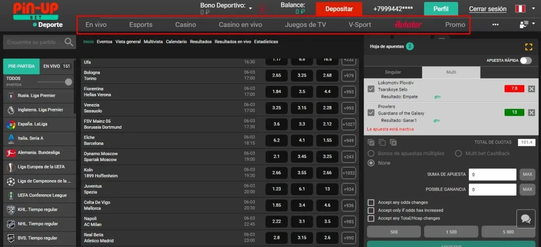 Navegación del sitio de la casa de apuestas