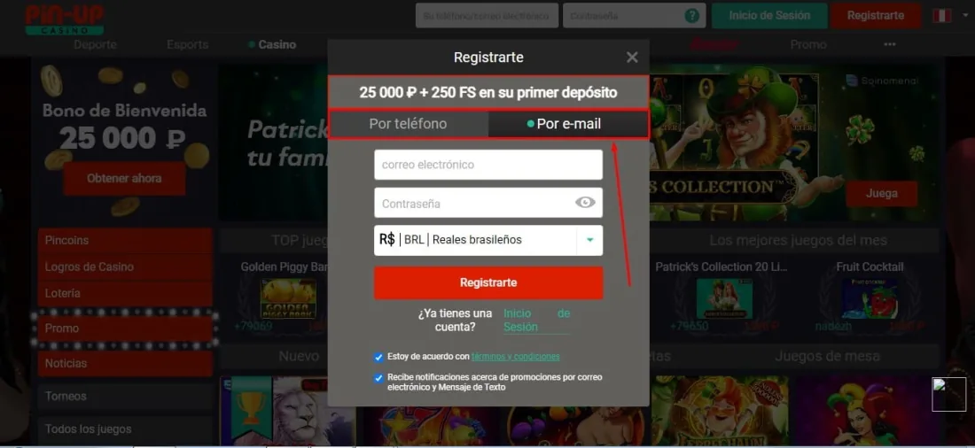 ventana de registro del casino formulario de inscripción