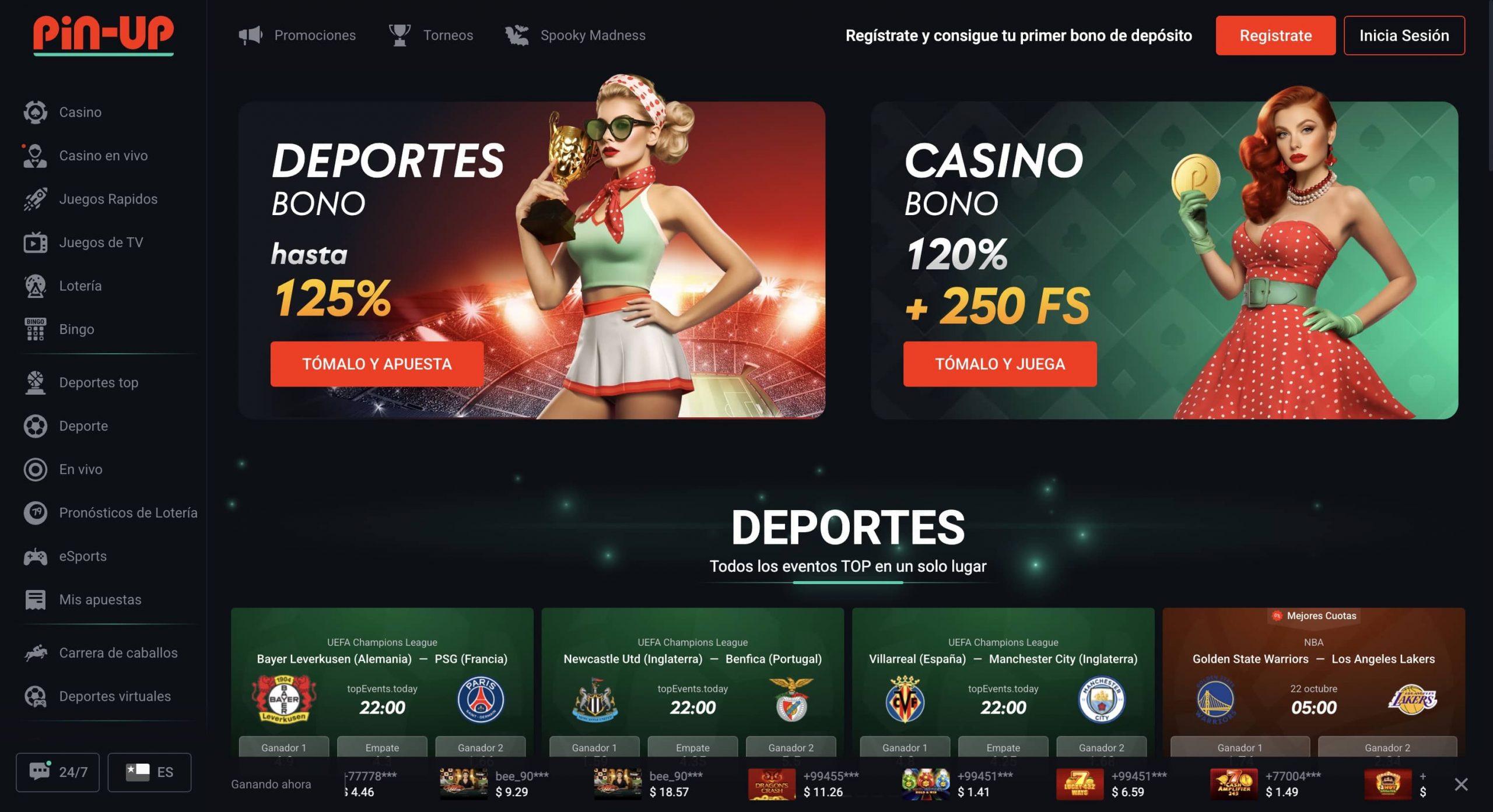 Página de bonos con banner de bienvenida y promociones activas