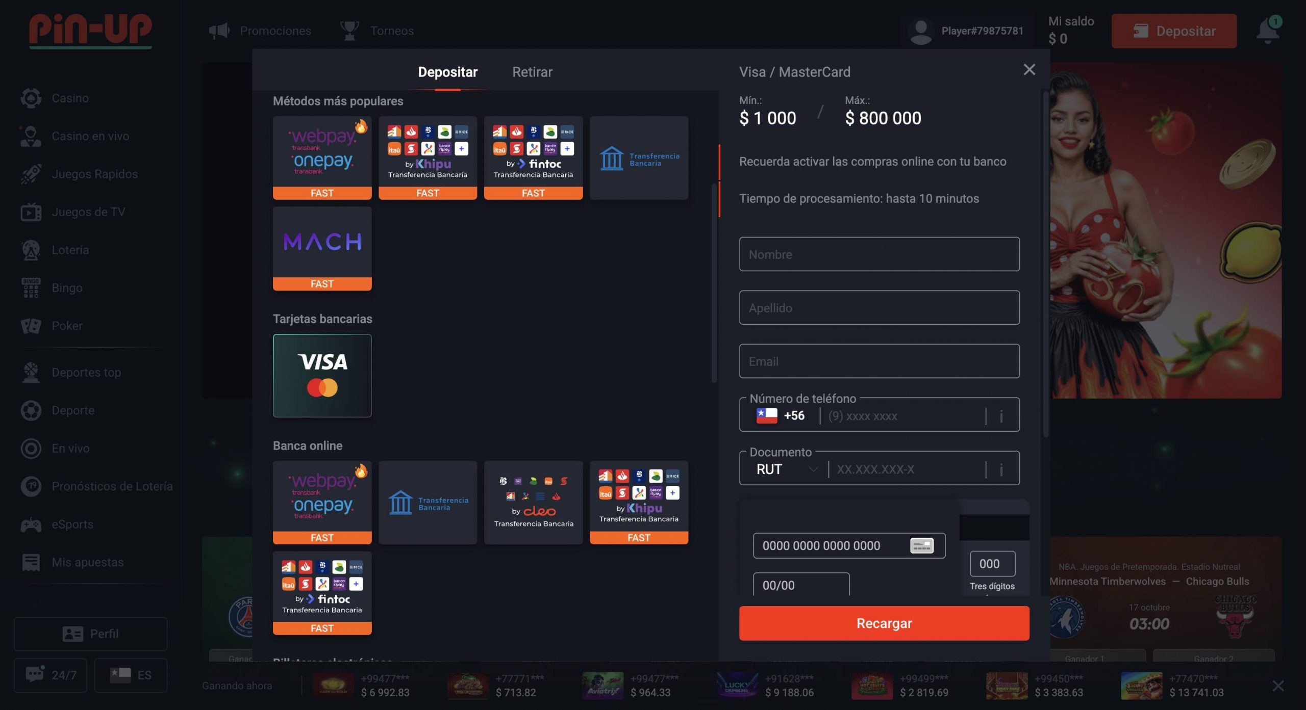 Pantalla del cajero con opciones de depósito RedCompra y tarjeta