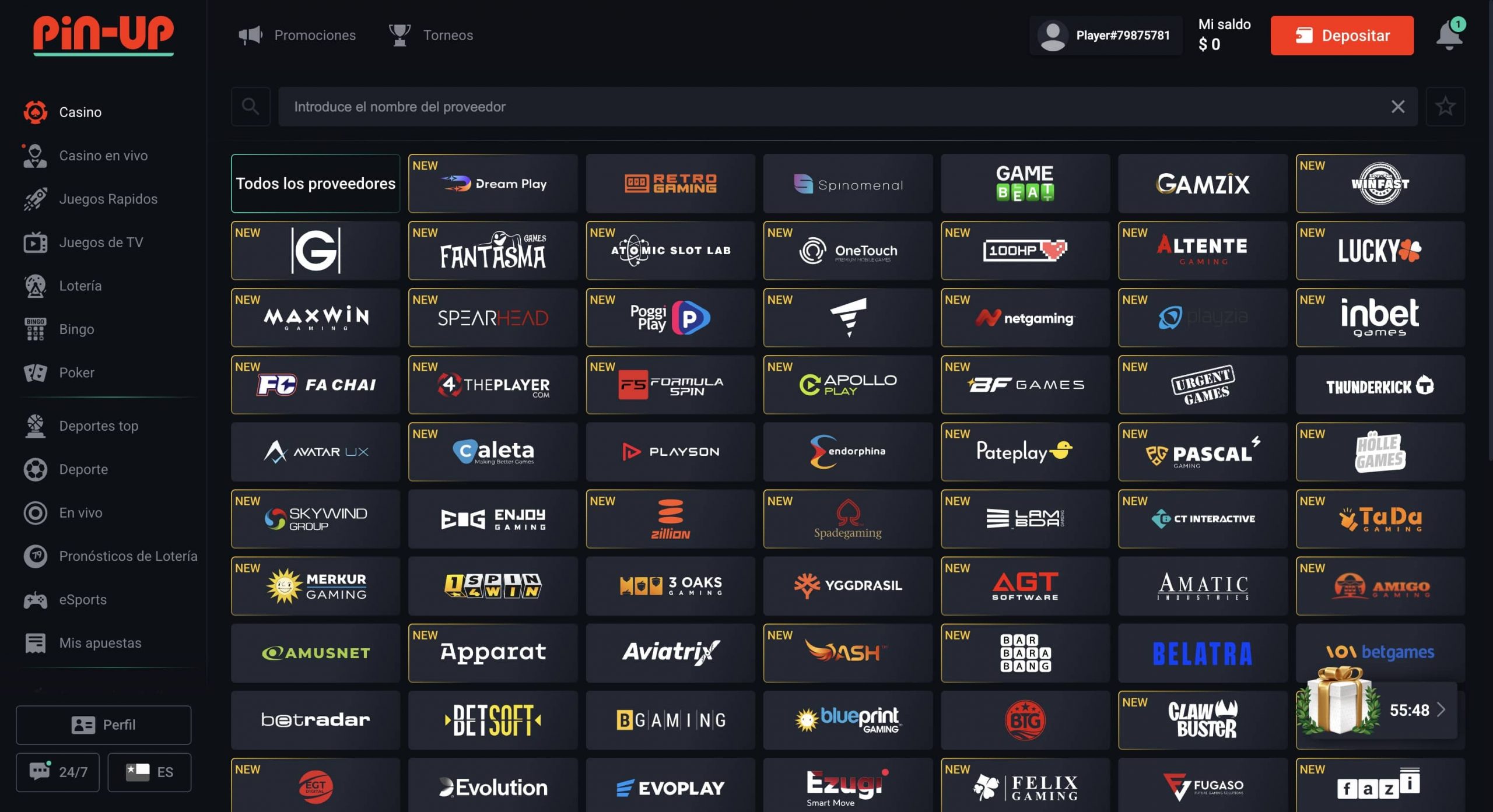 Catálogo de juegos con logos de proveedores como Pragmatic, NetEnt y Evolution